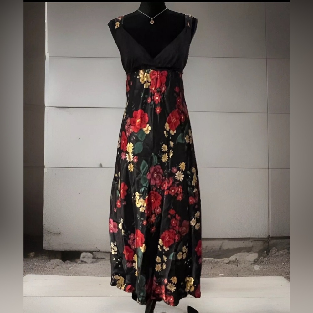 Vintage 90s Slip Dress Nighty small satin Roses Lacey maxi babydoll Romance